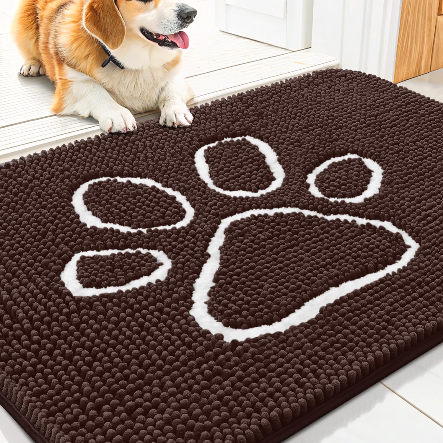 Smiry Dog Door Mat - Absorbent Chenille Dirt Trapper, Non-Slip, Washable (30x20 Inches, Brown and White)