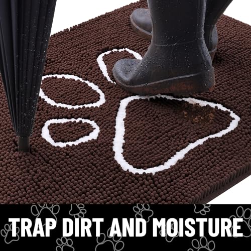 Smiry Dog Door Mat - Absorbent Chenille Dirt Trapper, Non-Slip, Washable (30x20 Inches, Brown and White)