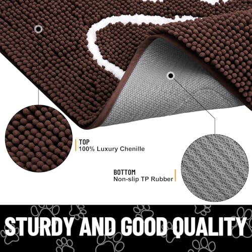 Smiry Dog Door Mat - Absorbent Chenille Dirt Trapper, Non-Slip, Washable (30x20 Inches, Brown and White)