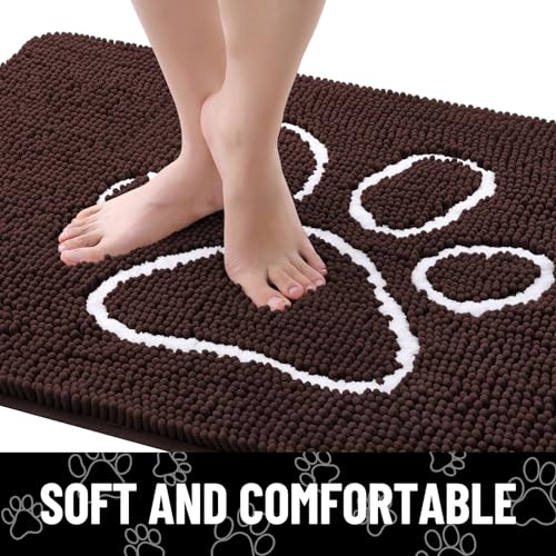 Smiry Dog Door Mat - Absorbent Chenille Dirt Trapper, Non-Slip, Washable (30x20 Inches, Brown and White)