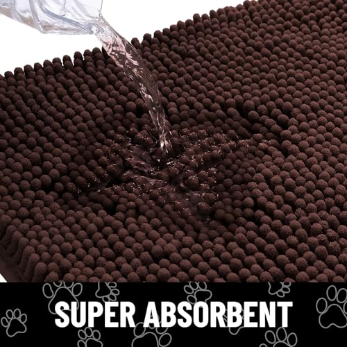 Smiry Dog Door Mat - Absorbent Chenille Dirt Trapper, Non-Slip, Washable (30x20 Inches, Brown and White)