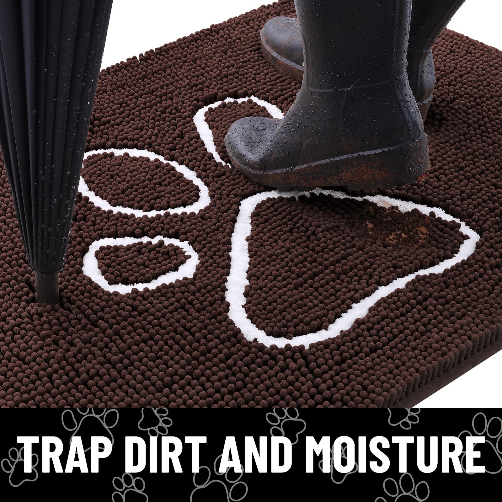 Smiry Dog Door Mat - Absorbent Chenille Dirt Trapper, Non-Slip, Washable (30x20 Inches, Brown and White)