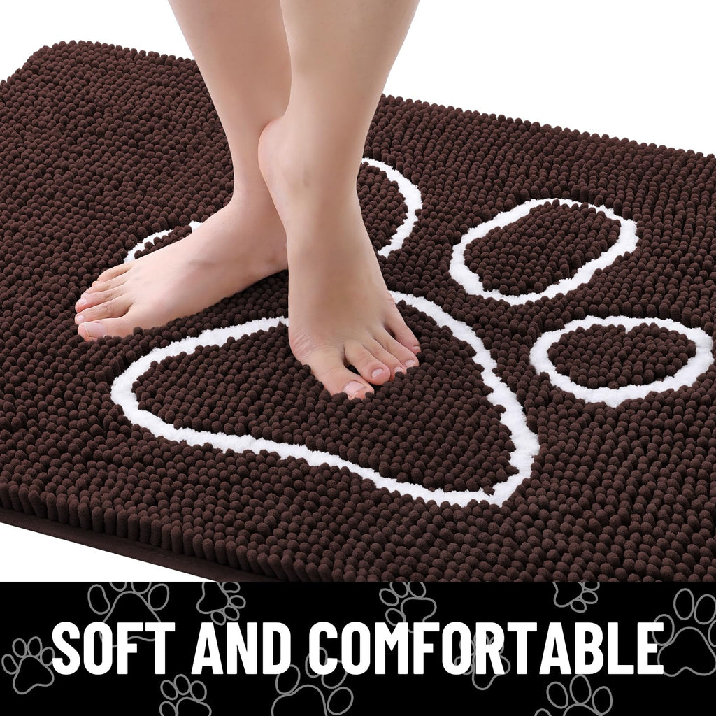 Smiry Dog Door Mat - Absorbent Chenille Dirt Trapper, Non-Slip, Washable (30x20 Inches, Brown and White)