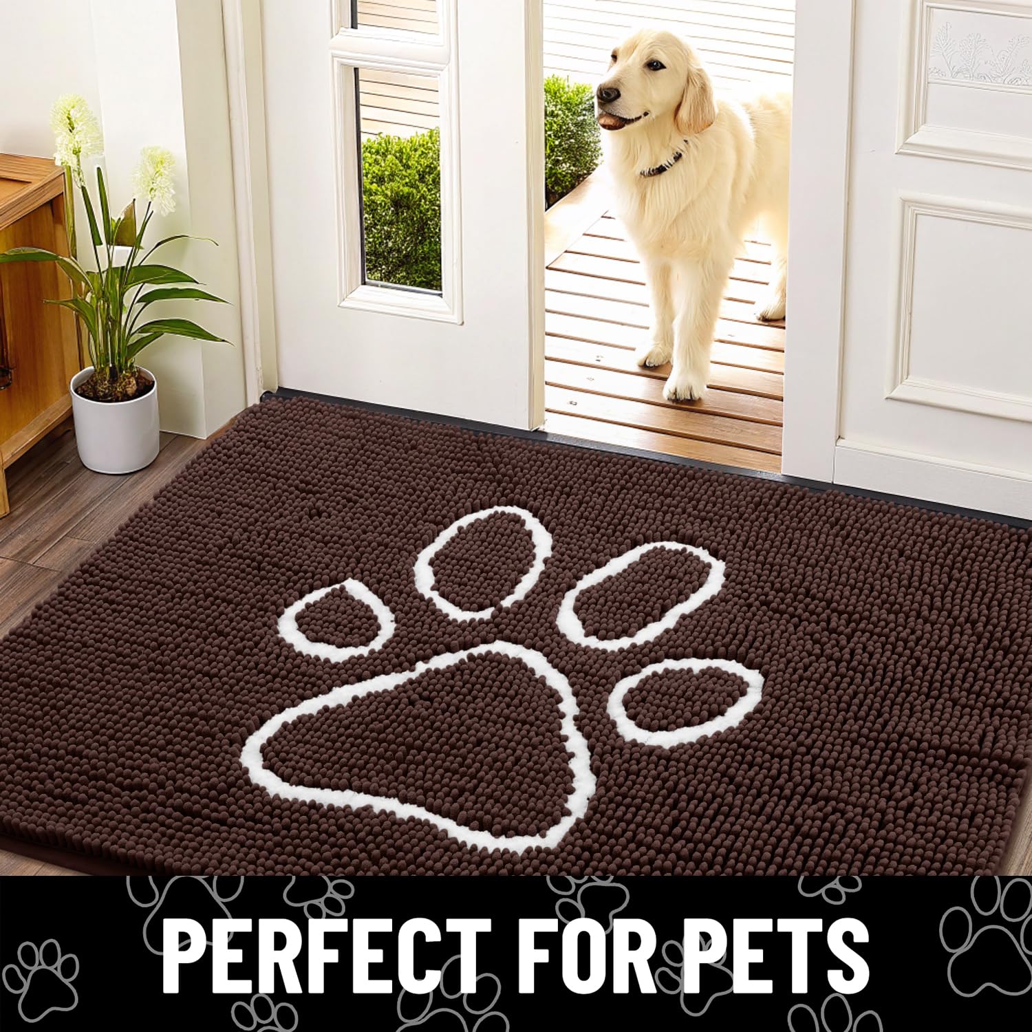 Smiry Dog Door Mat - Absorbent Chenille Dirt Trapper, Non-Slip, Washable (30x20 Inches, Brown and White)