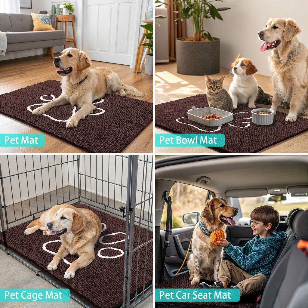 Smiry Dog Door Mat - Absorbent Chenille Dirt Trapper, Non-Slip, Washable (30x20 Inches, Brown and White)