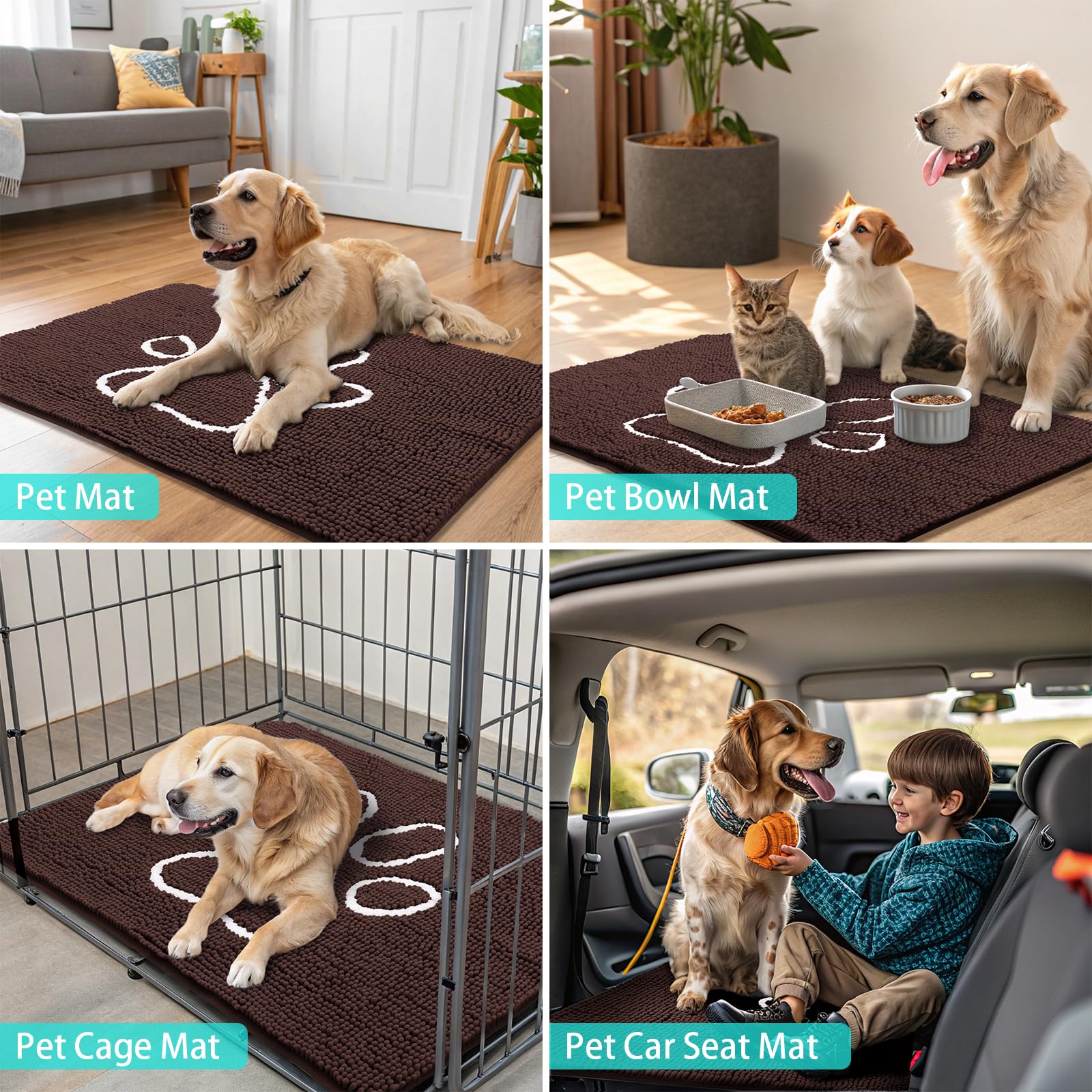 Smiry Dog Door Mat - Absorbent Chenille Dirt Trapper, Non-Slip, Washable (30x20 Inches, Brown and White)