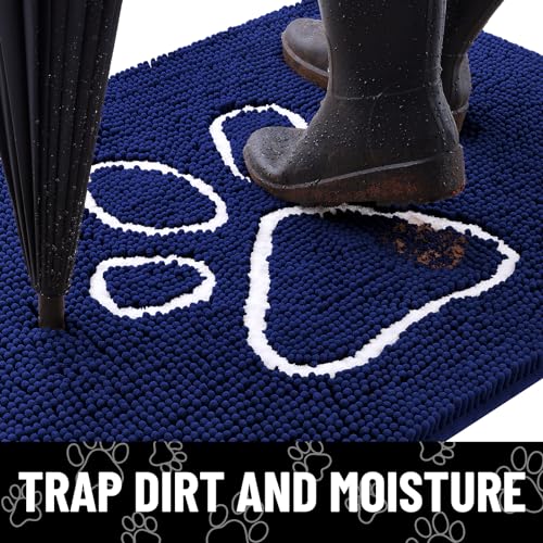 Smiry Dog Door Mat 30x20 Inches Navy Blue and White - Absorbent Chenille Dirt Trapper with Non-Slip Rubber Base, Machine Washable