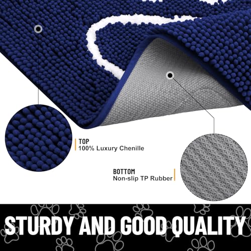 Smiry Dog Door Mat 30x20 Inches Navy Blue and White - Absorbent Chenille Dirt Trapper with Non-Slip Rubber Base, Machine Washable