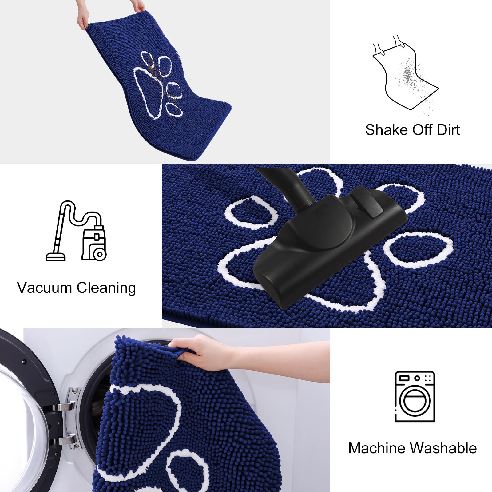 Smiry Dog Door Mat 30x20 Inches Navy Blue and White - Absorbent Chenille Dirt Trapper with Non-Slip Rubber Base, Machine Washable