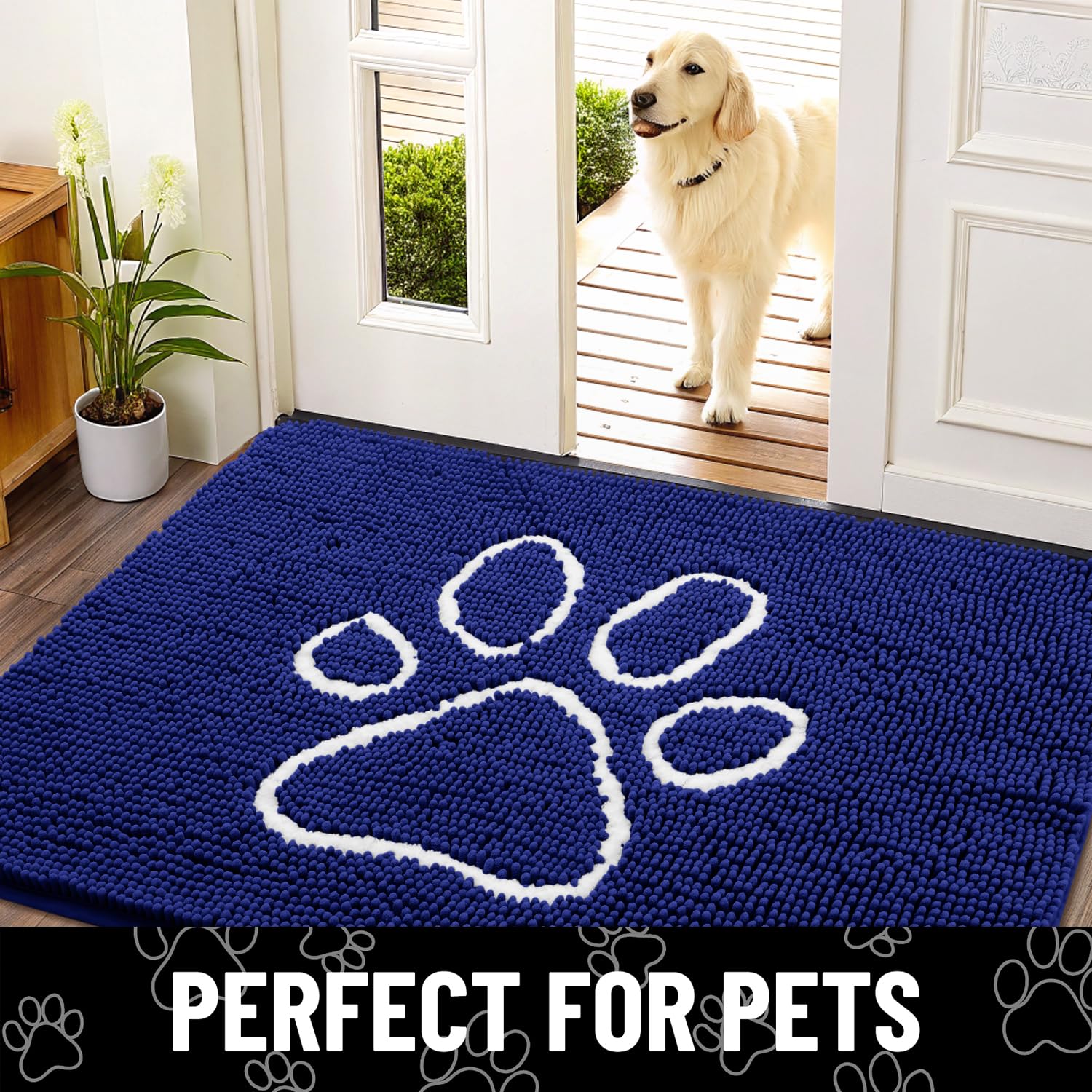 Smiry Dog Door Mat 30x20 Inches Navy Blue and White - Absorbent Chenille Dirt Trapper with Non-Slip Rubber Base, Machine Washable