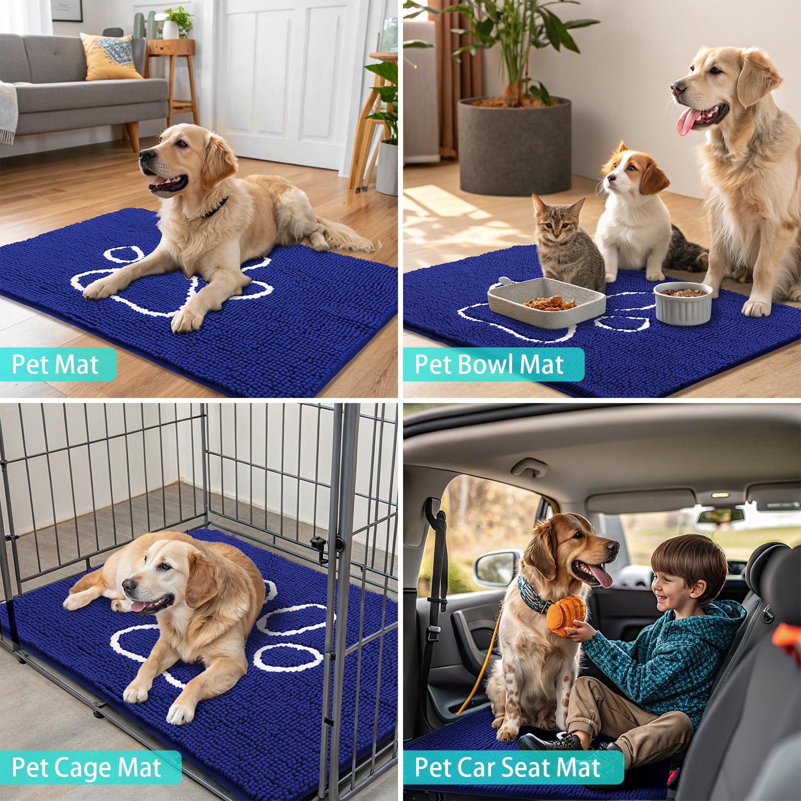 Smiry Dog Door Mat 30x20 Inches Navy Blue and White - Absorbent Chenille Dirt Trapper with Non-Slip Rubber Base, Machine Washable