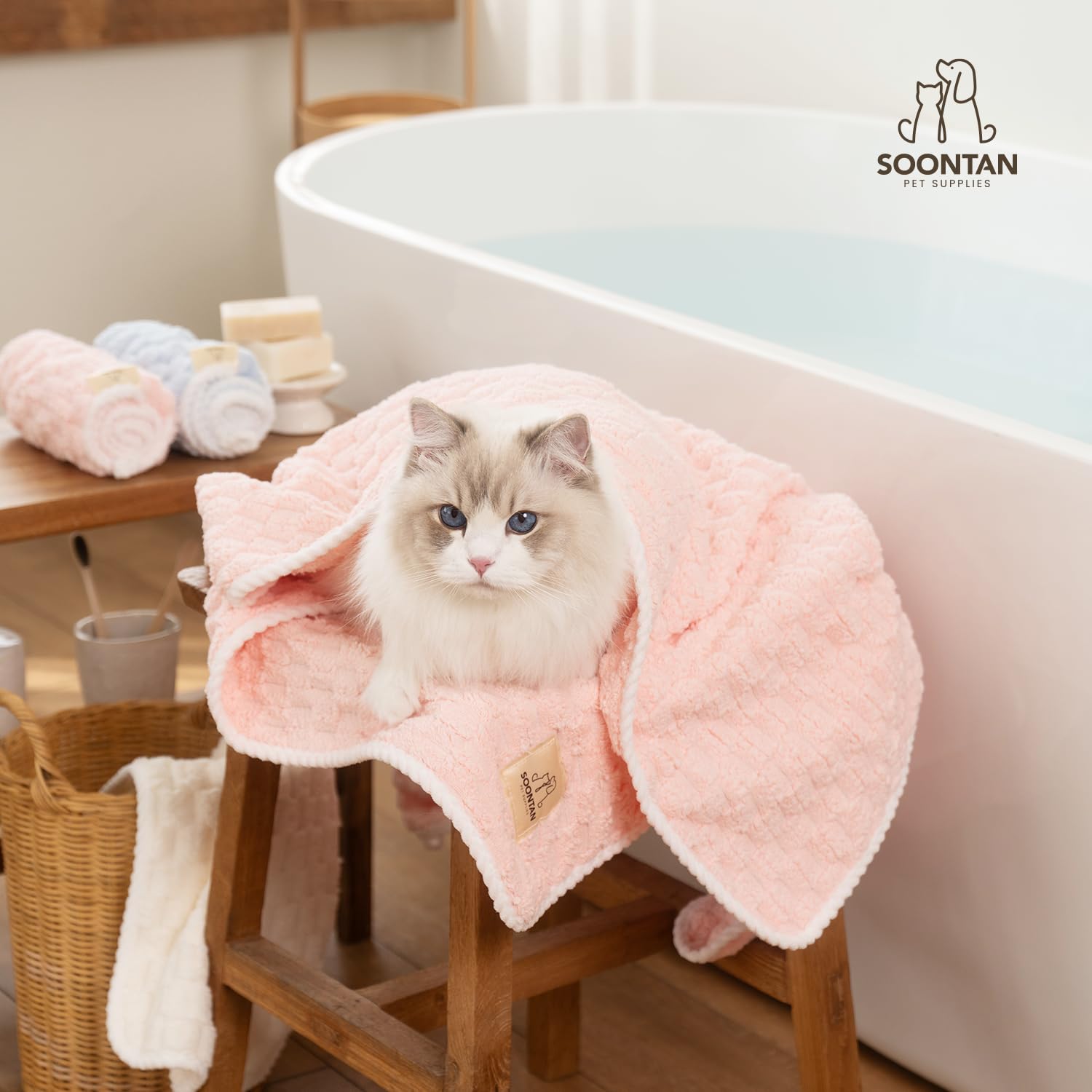 SOONTAN Microfiber Pet Towel Set – 2 Absorbent Quick-Dry Towels for Dogs and Cats (Pink)