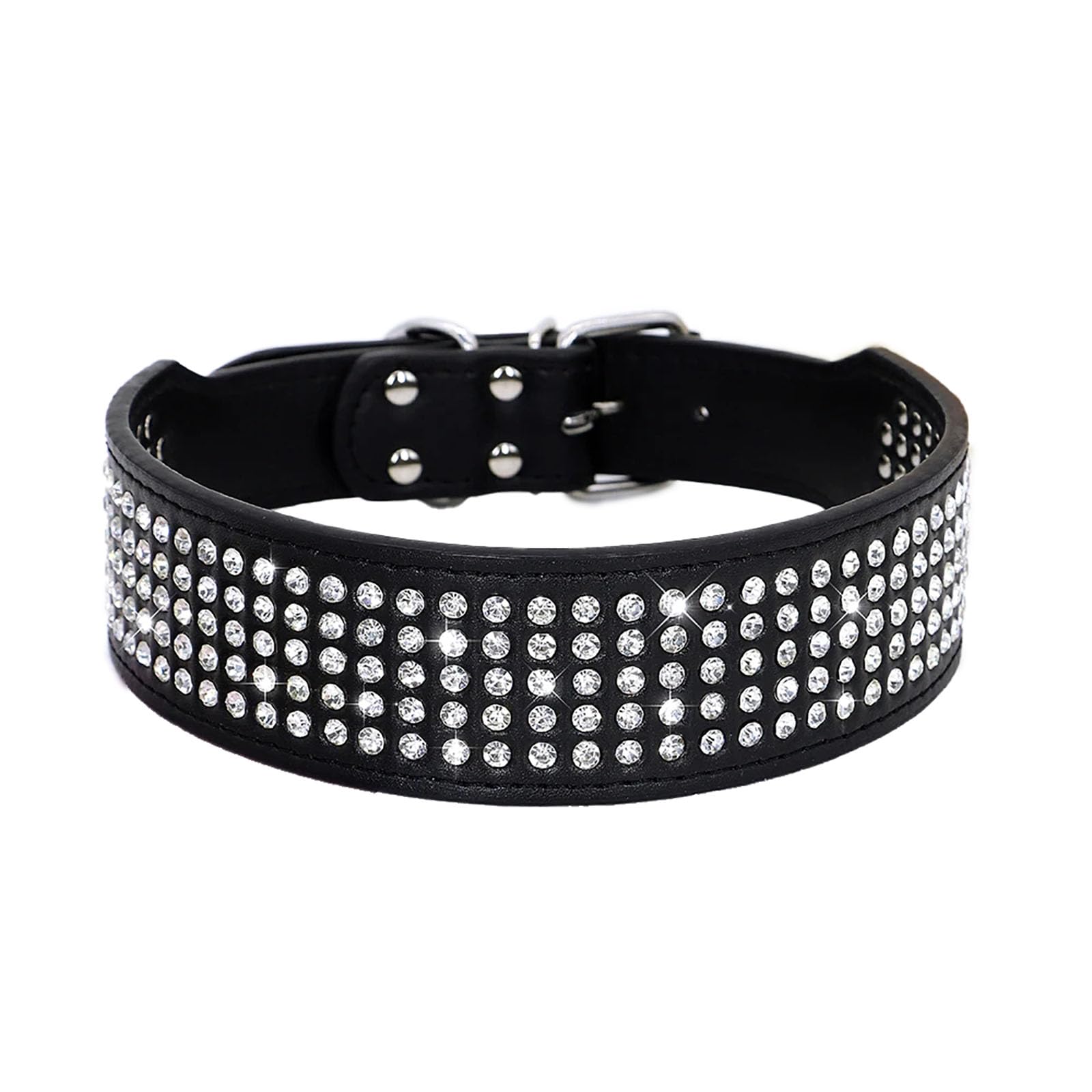 Sparkly Rhinestone Dog Collar – 2" Wide, 5 Rows, PU Leather, Medium/Large