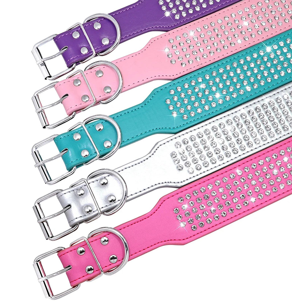 Sparkly Rhinestone Dog Collar – 2" Wide, 5 Rows, PU Leather, Medium/Large