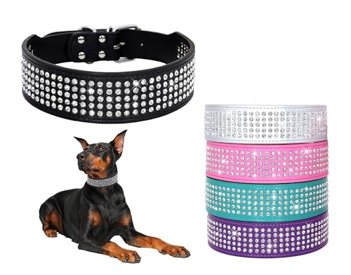 Sparkly Rhinestone Dog Collar – 2" Wide, 5 Rows, PU Leather, Medium/Large