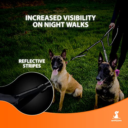 SparklyPets Hands-Free Dog Leash Splitter for 2 Dogs – Shock-Absorbing Dual Leash with Reflective Stitches and 360° Swivel Coupler, Gray