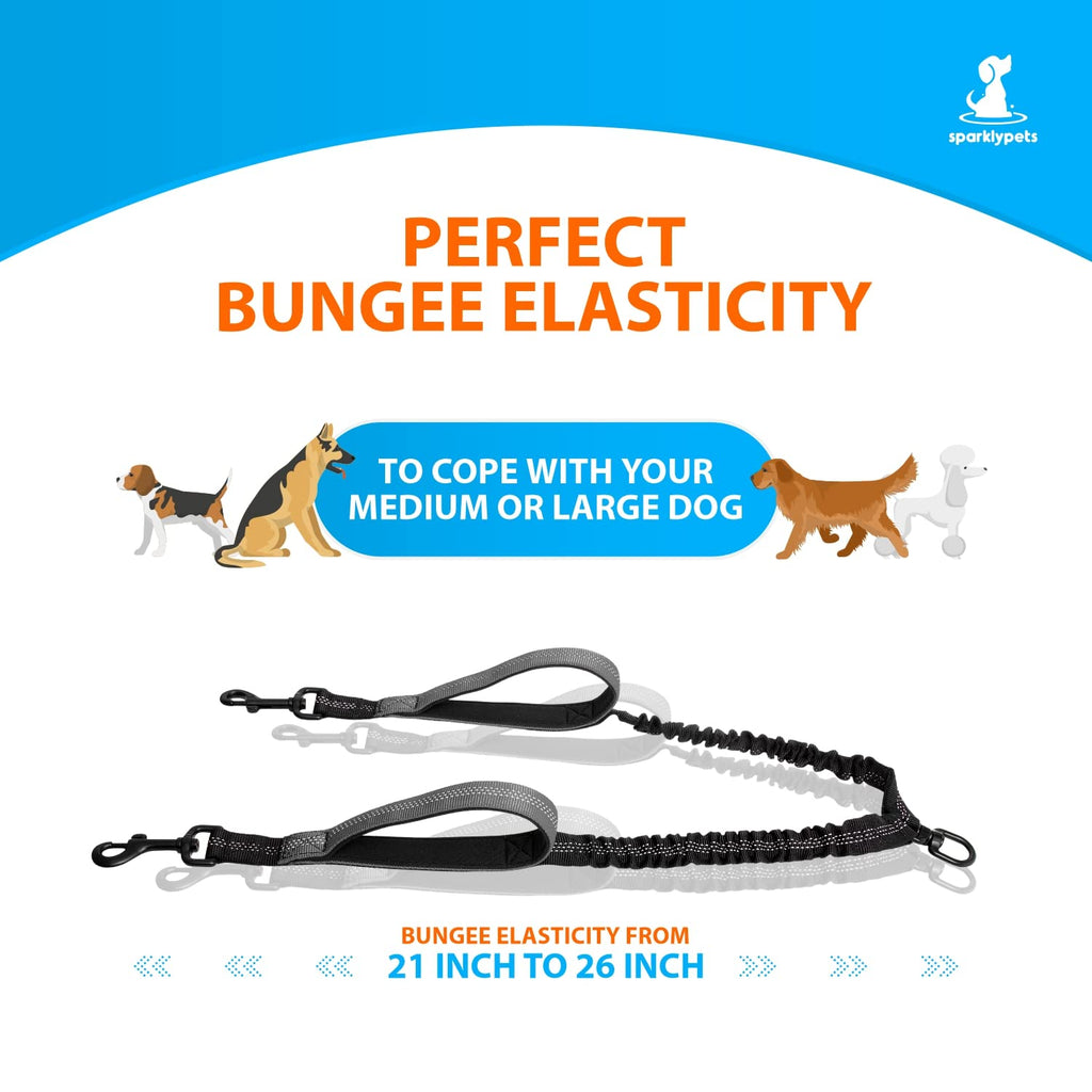 SparklyPets Hands-Free Dog Leash Splitter for 2 Dogs – Shock-Absorbing Dual Leash with Reflective Stitches and 360° Swivel Coupler, Gray