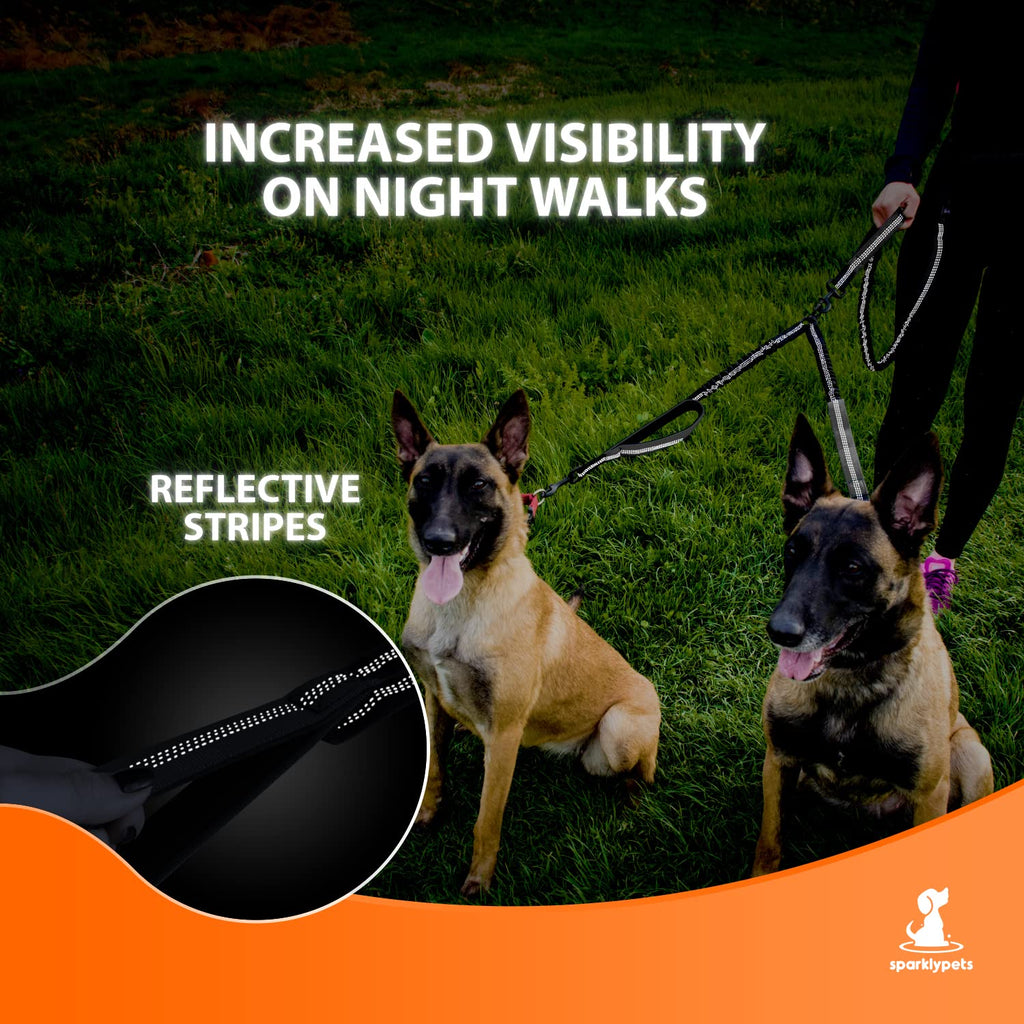 SparklyPets Hands-Free Dog Leash Splitter for 2 Dogs – Shock-Absorbing Dual Leash with Reflective Stitches and 360° Swivel Coupler, Gray
