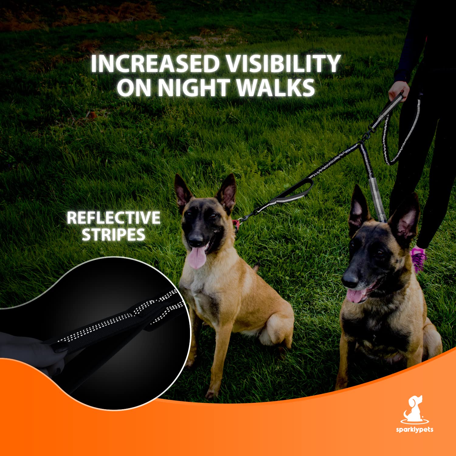 SparklyPets Hands-Free Dog Leash Splitter for 2 Dogs – Shock-Absorbing Dual Leash with Reflective Stitches and 360° Swivel Coupler, Gray