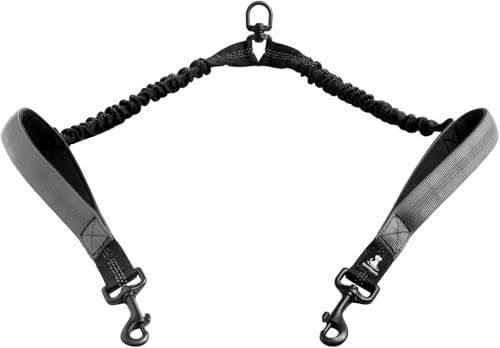 SparklyPets Hands-Free Dog Leash Splitter for 2 Dogs – Shock-Absorbing Dual Leash with Reflective Stitches and 360° Swivel Coupler, Gray