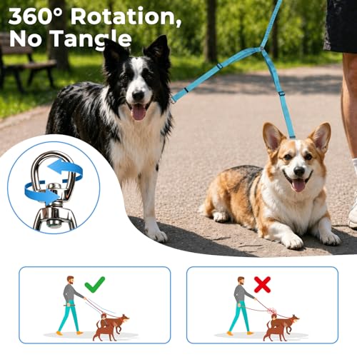 sucegi Blue Double Dog Leash – No Tangle Bungee with Padded Handles, 51-70" Adjustable