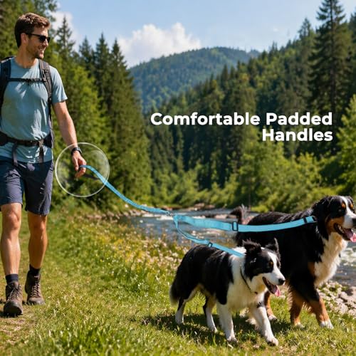 sucegi Blue Double Dog Leash – No Tangle Bungee with Padded Handles, 51-70" Adjustable