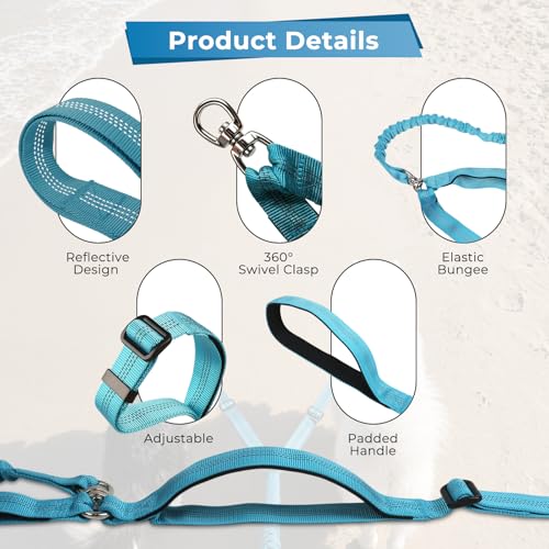 sucegi Blue Double Dog Leash – No Tangle Bungee with Padded Handles, 51-70" Adjustable