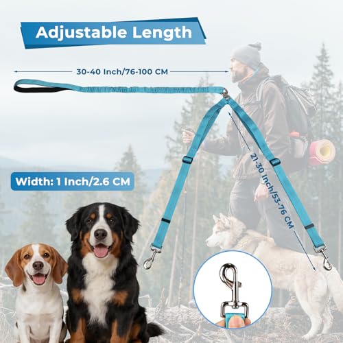 sucegi Blue Double Dog Leash – No Tangle Bungee with Padded Handles, 51-70" Adjustable