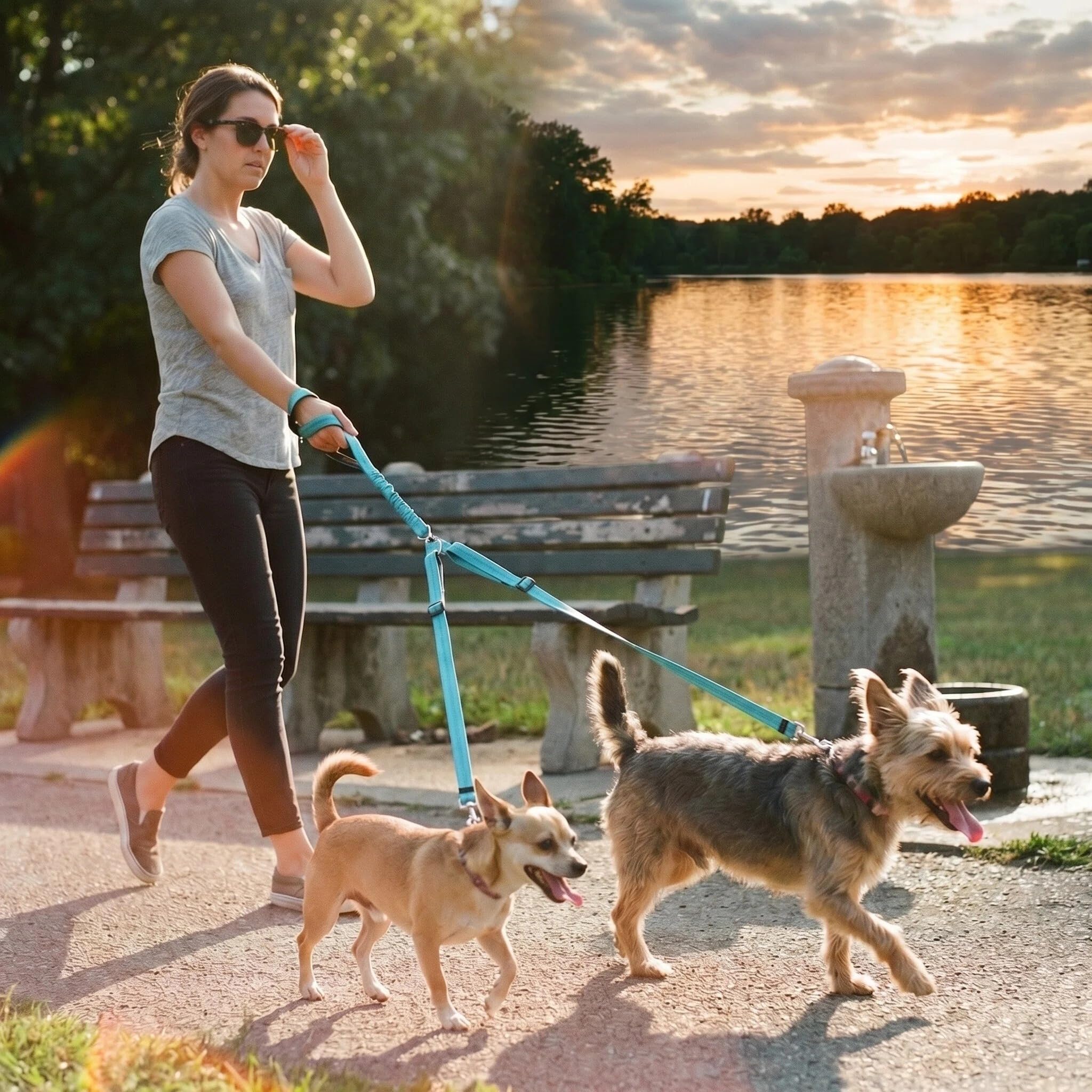 sucegi Blue Double Dog Leash – No Tangle Bungee with Padded Handles, 51-70" Adjustable