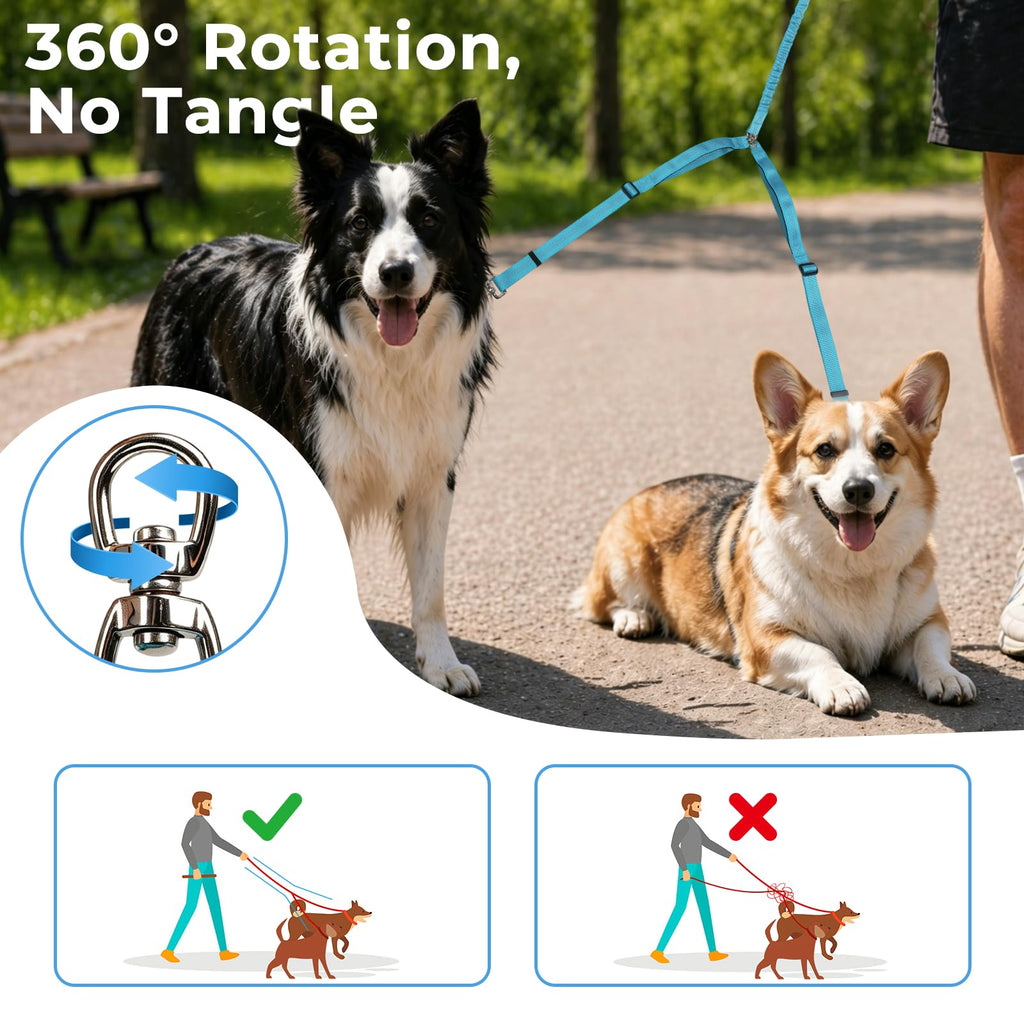 sucegi Blue Double Dog Leash – No Tangle Bungee with Padded Handles, 51-70" Adjustable
