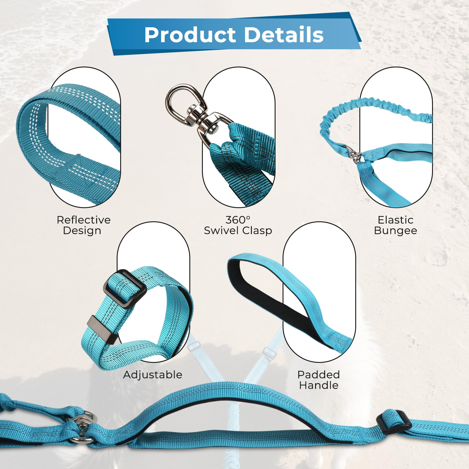 sucegi Blue Double Dog Leash – No Tangle Bungee with Padded Handles, 51-70" Adjustable