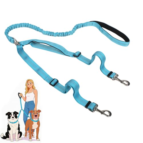 sucegi Blue Double Dog Leash – No Tangle Bungee with Padded Handles, 51-70" Adjustable