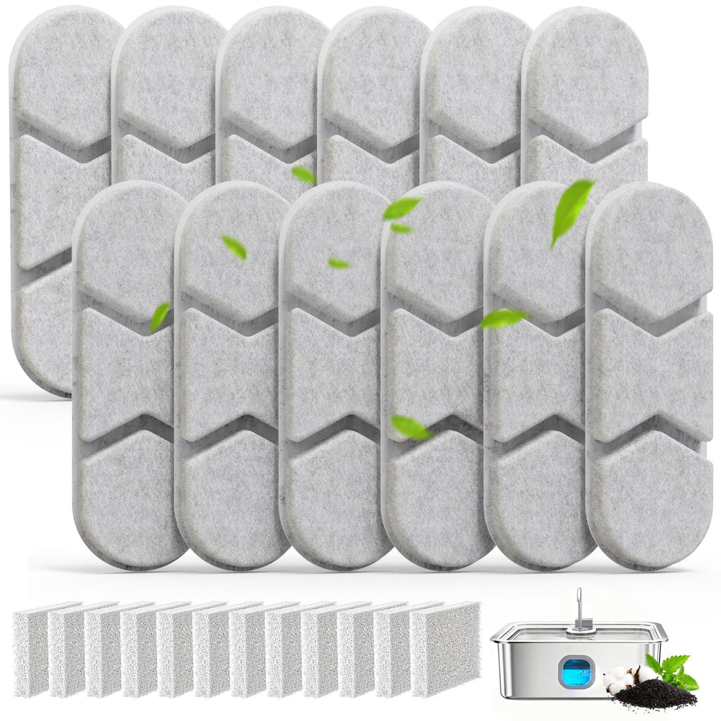 SUKIPAW Large Dog Fountain Filter Replacement – 12 Filters & 12 Sponges for DYSJ01, FW120, WF160 (4.2Gal/16L & 3.2Gal/12L)