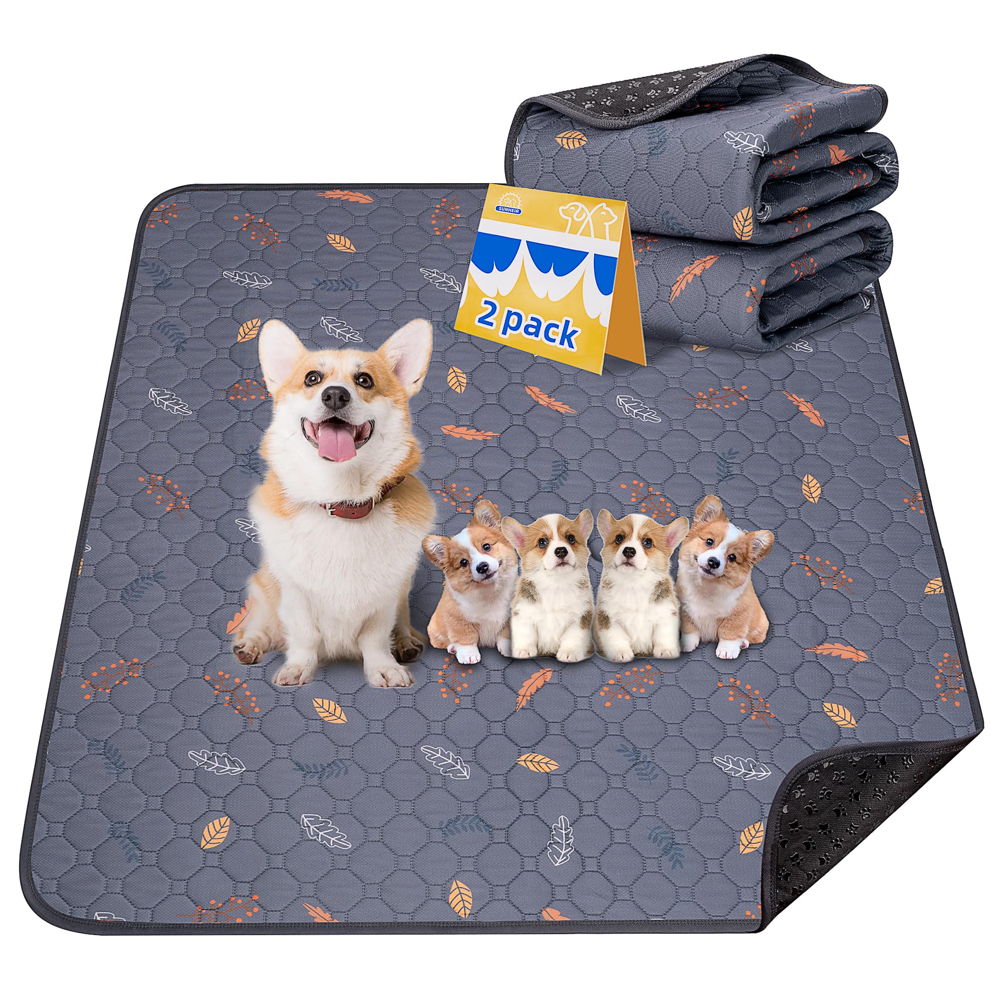 Sunheir Reusable Dog Pee Pads 2-Pack - Washable Leakproof Non-Slip 24x36 Deep Grey Leaves