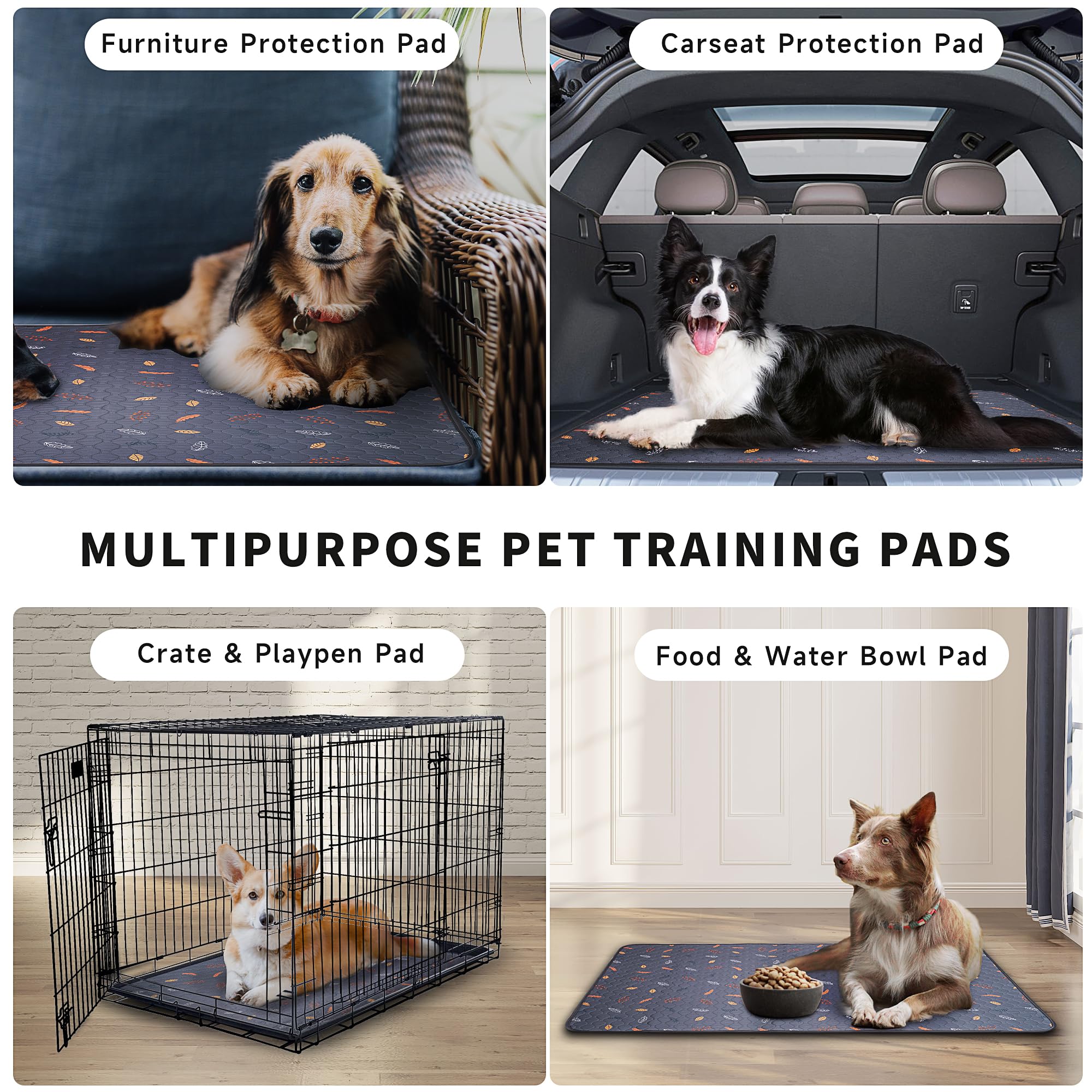 Sunheir Reusable Dog Pee Pads 2-Pack - Washable Leakproof Non-Slip 24x36 Deep Grey Leaves