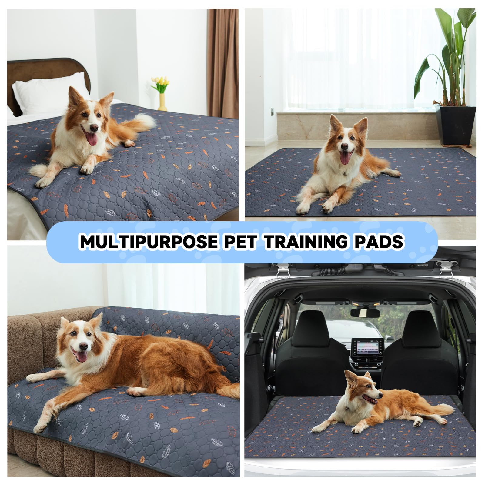 Sunheir Reusable Dog Pee Pads 2-Pack - Washable Leakproof Non-Slip 24x36 Deep Grey Leaves