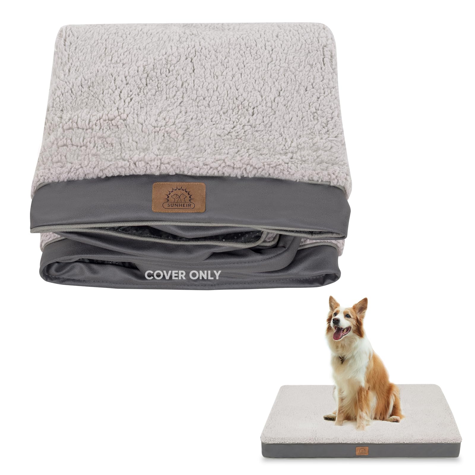 Sunheir Washable Large Dog Bed Cover - Soft Plush, Waterproof, Non-Skid, 36x27x3 Inches, Grey (Cover Only)
