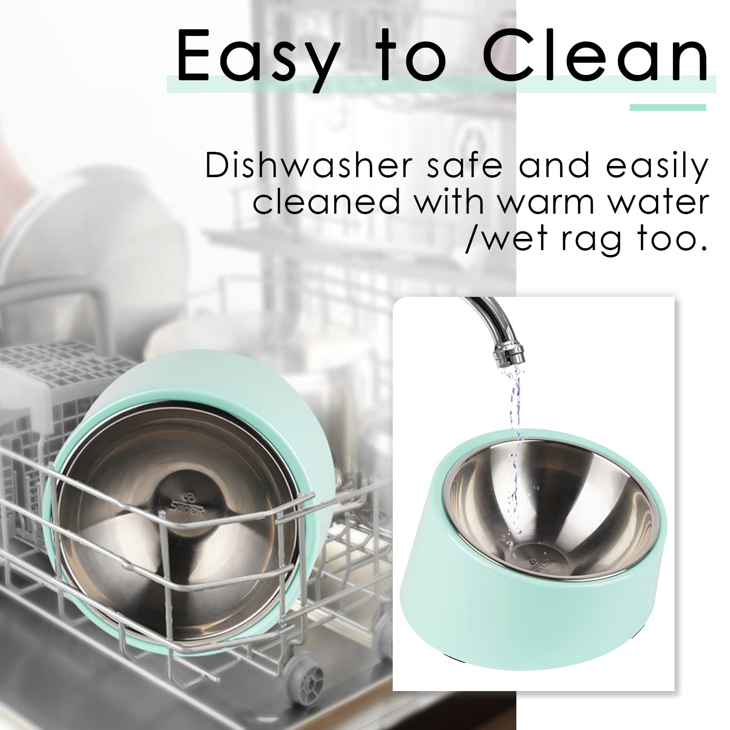 SuperDesign Mess Free 15° Slanted Bowl for Dogs and Cats – Non-Skid Tilted Feeder, 0.5 Cup Capacity, Teal