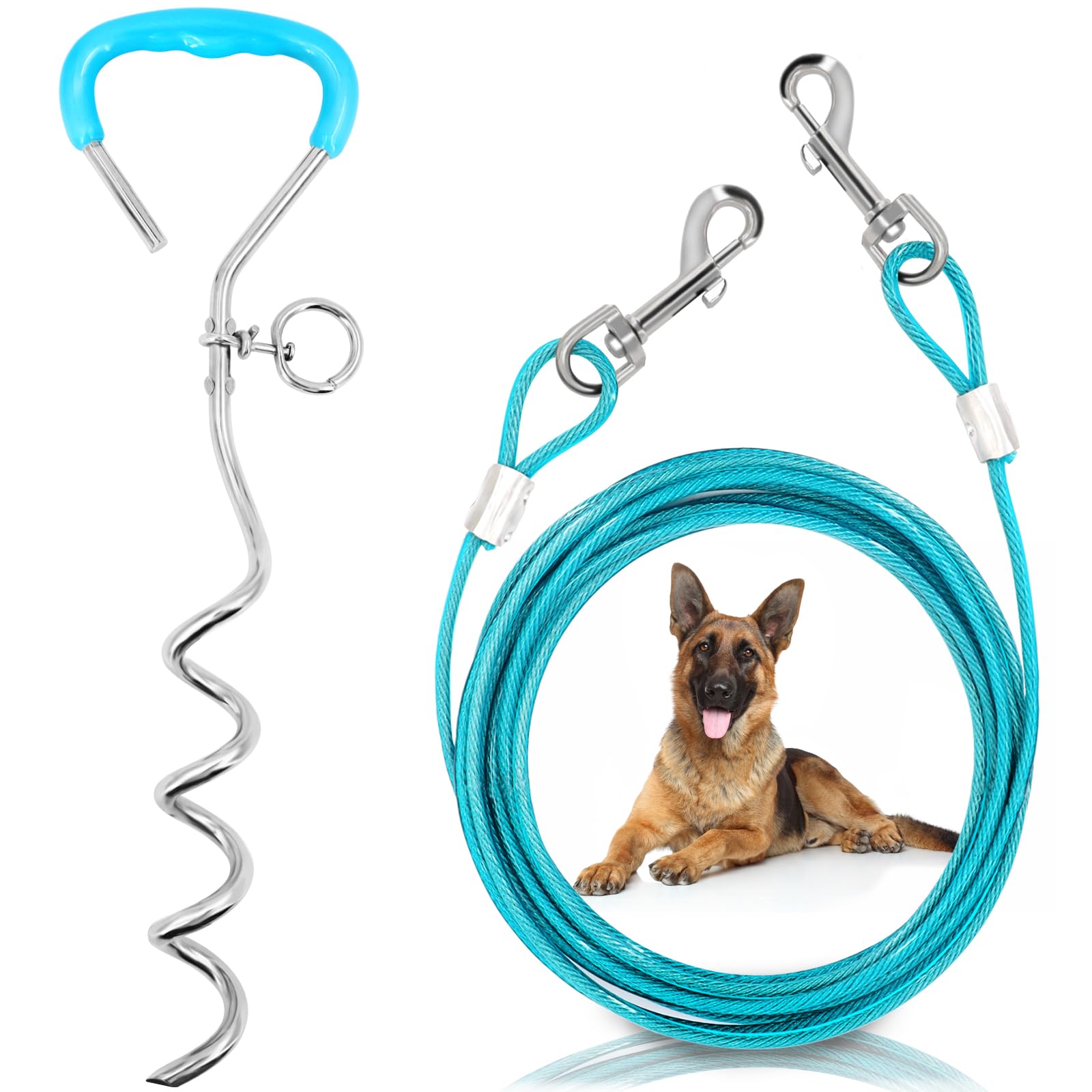 Supet Dog Tie Out Cable and Stake - 10FT Heavy Duty Runner for Large Dogs up to 125lbs, Turquoise