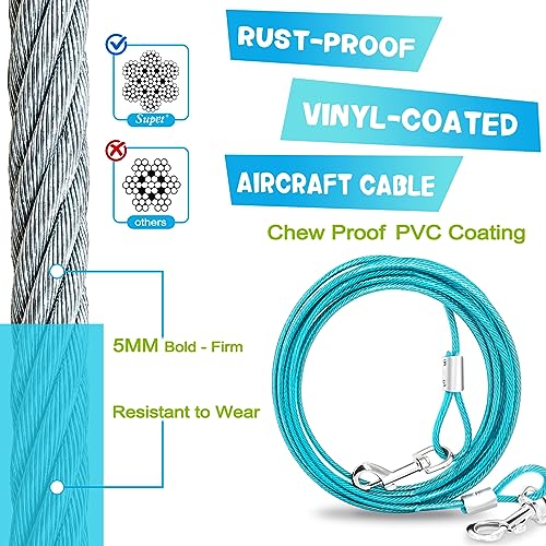 Supet Dog Tie Out Cable and Stake - 10FT Heavy Duty Runner for Large Dogs up to 125lbs, Turquoise