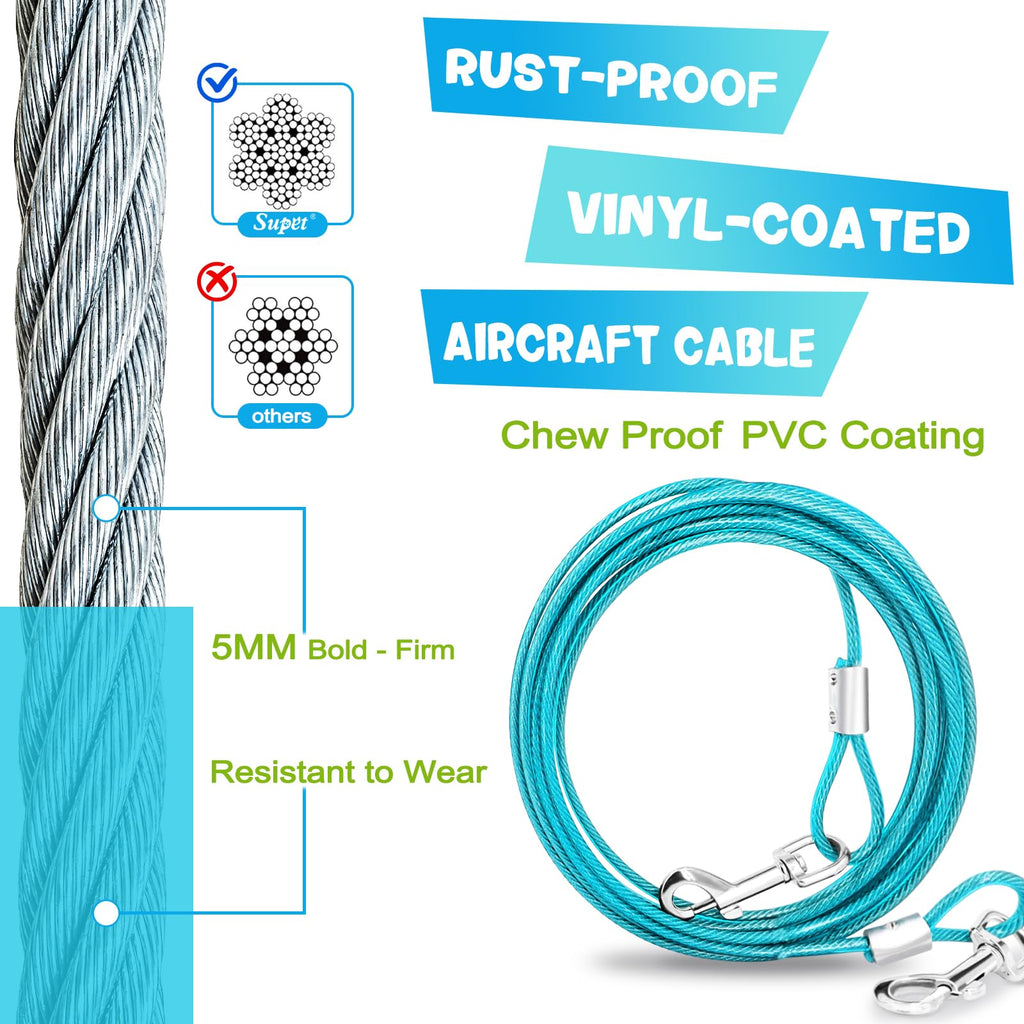 Supet Dog Tie Out Cable and Stake - 10FT Heavy Duty Runner for Large Dogs up to 125lbs, Turquoise