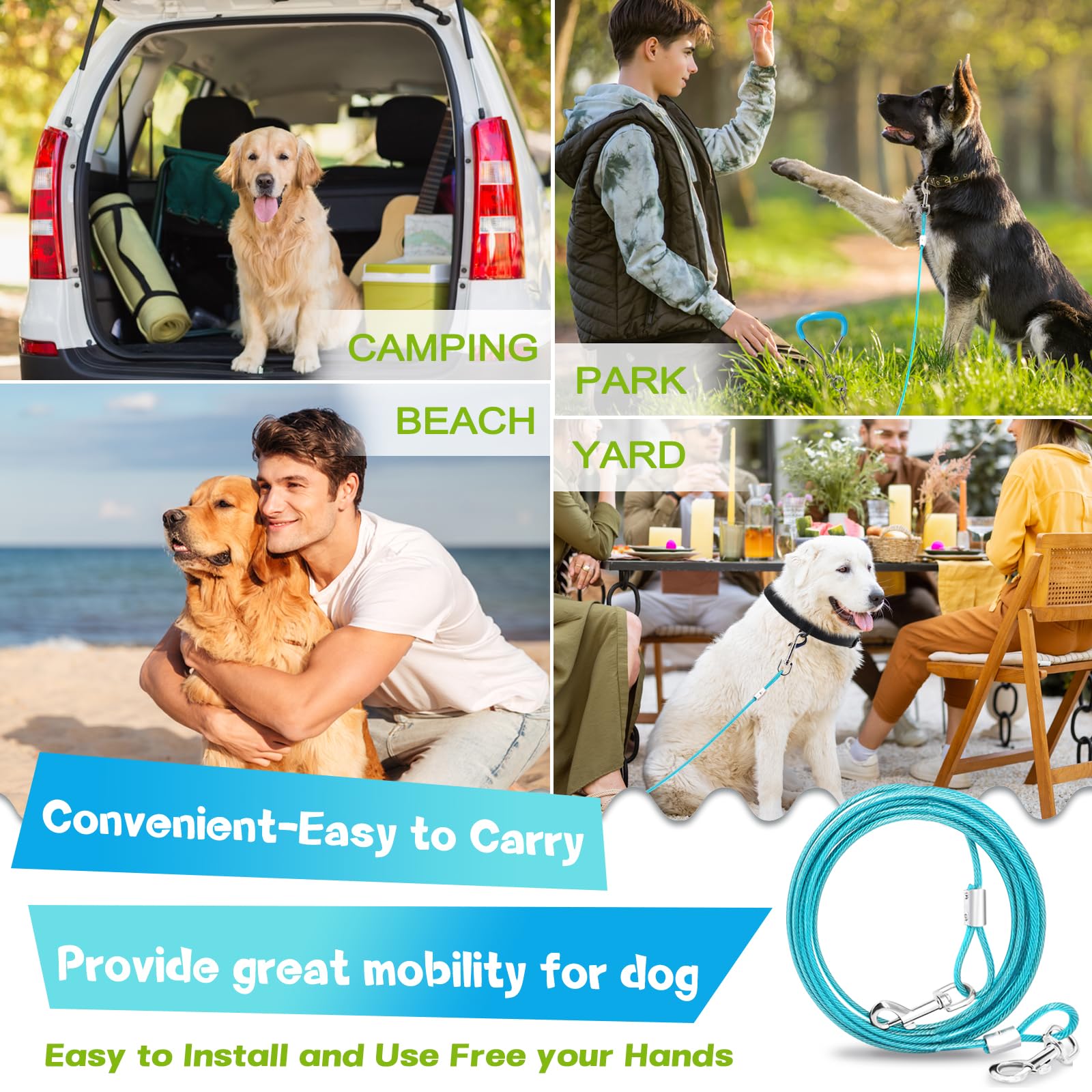 Supet Dog Tie Out Cable and Stake - 10FT Heavy Duty Runner for Large Dogs up to 125lbs, Turquoise
