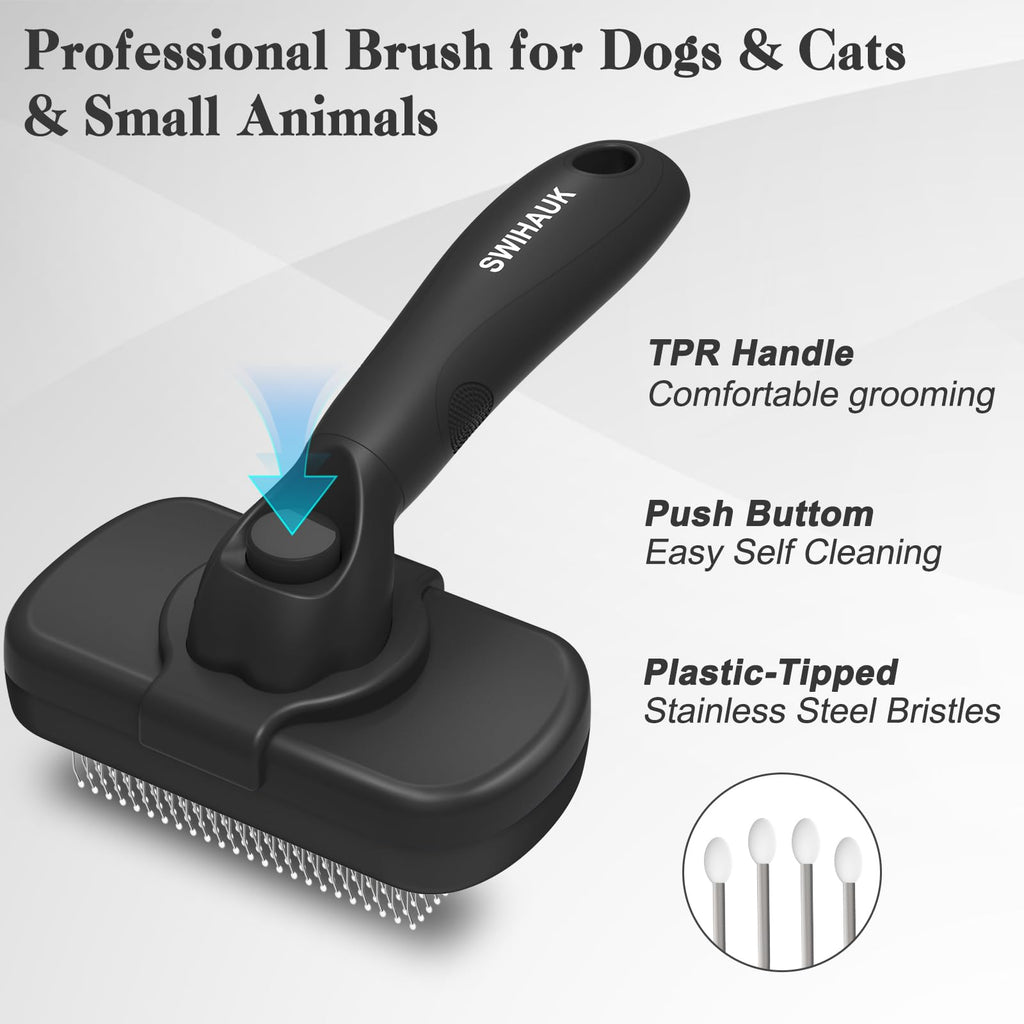Swihauk Self-Cleaning Slicker Brush for Dogs & Cats – Skin-Friendly Deshedding Grooming Brush (Black)