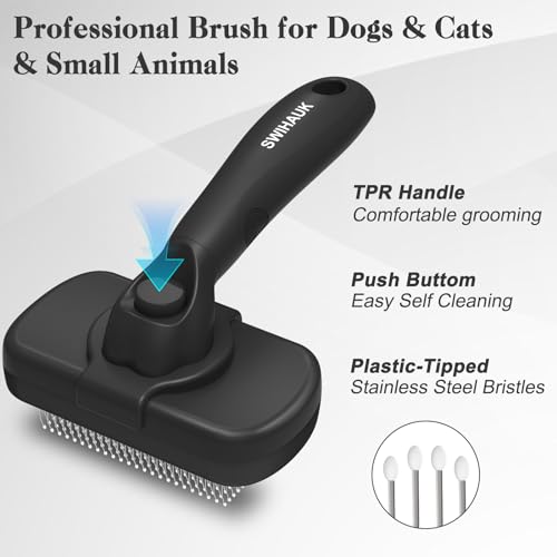Swihauk Self-Cleaning Slicker Brush for Dogs & Cats – Skin-Friendly Deshedding Grooming Brush (Black)