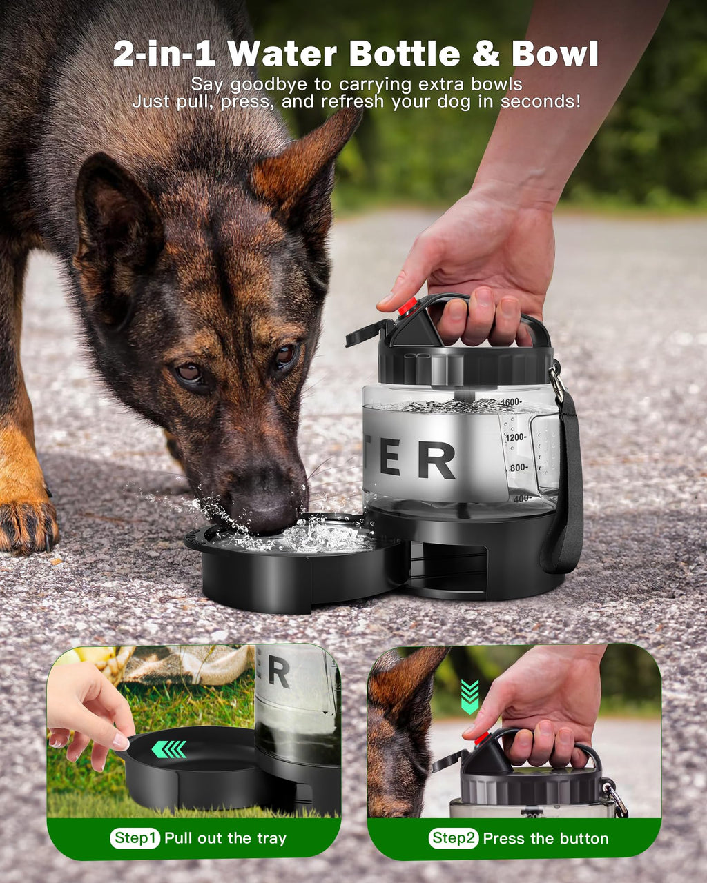 SwSun 77oz Dog Water Bottle - Leak-Proof Portable 2-in-1 Dispenser with Bowl, BPA-Free, Black