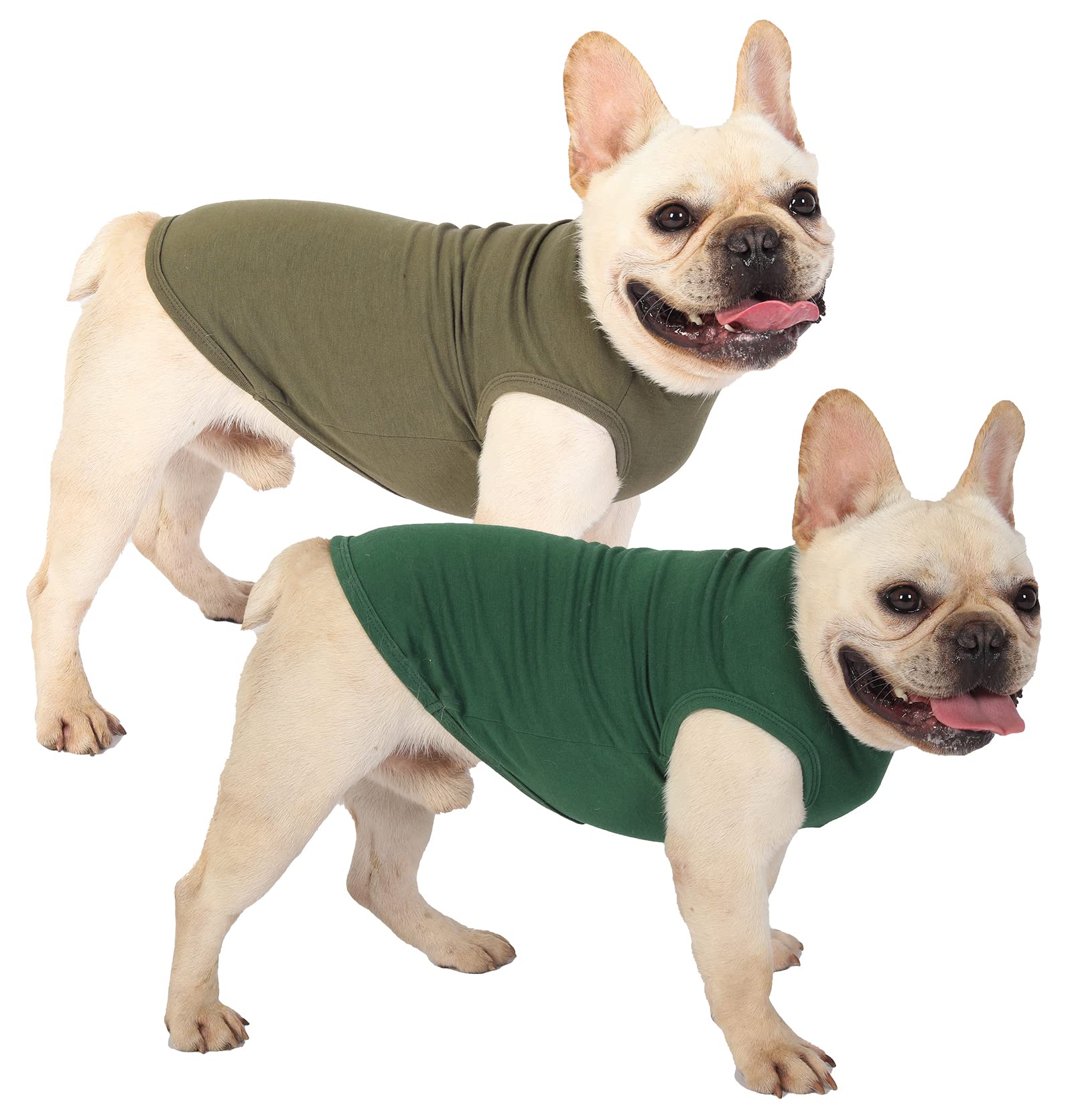 SyChien 2-Pack Small Dog Plain Tee Shirts – Sleeveless Vest, Army & Deep Green, Stretchy Cotton Blend for Small Breeds