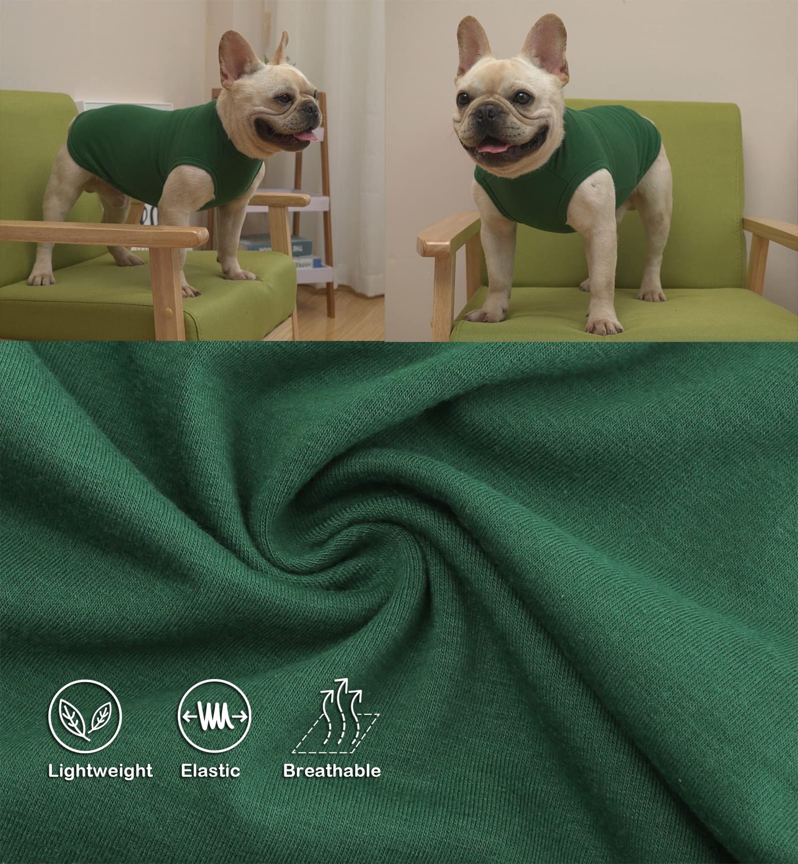 SyChien 2-Pack Small Dog Plain Tee Shirts – Sleeveless Vest, Army & Deep Green, Stretchy Cotton Blend for Small Breeds