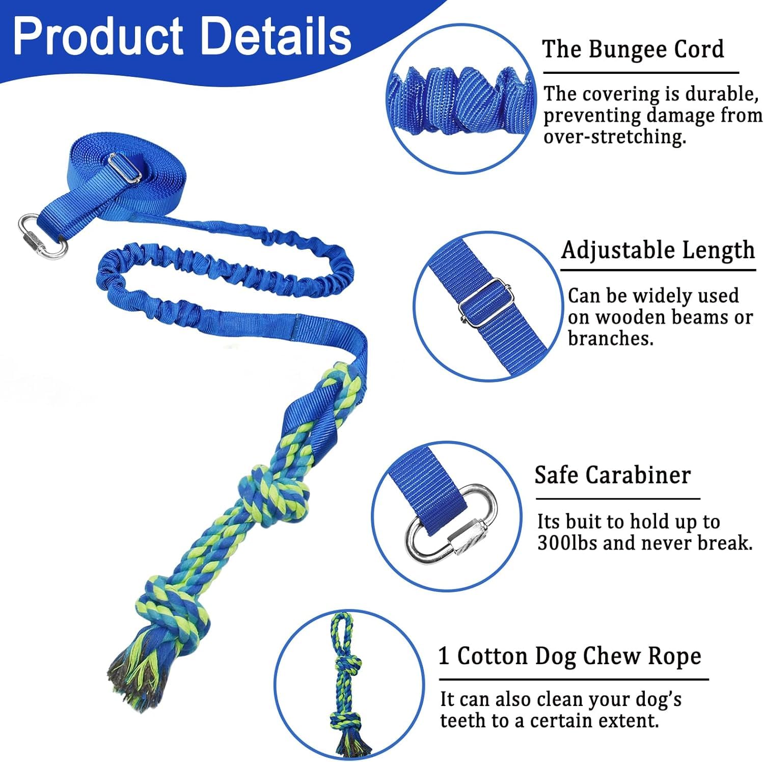 SYOOY Dog Bungee Tug Toy Outdoor Hanging Rope for Small Medium Large Dogs Blue