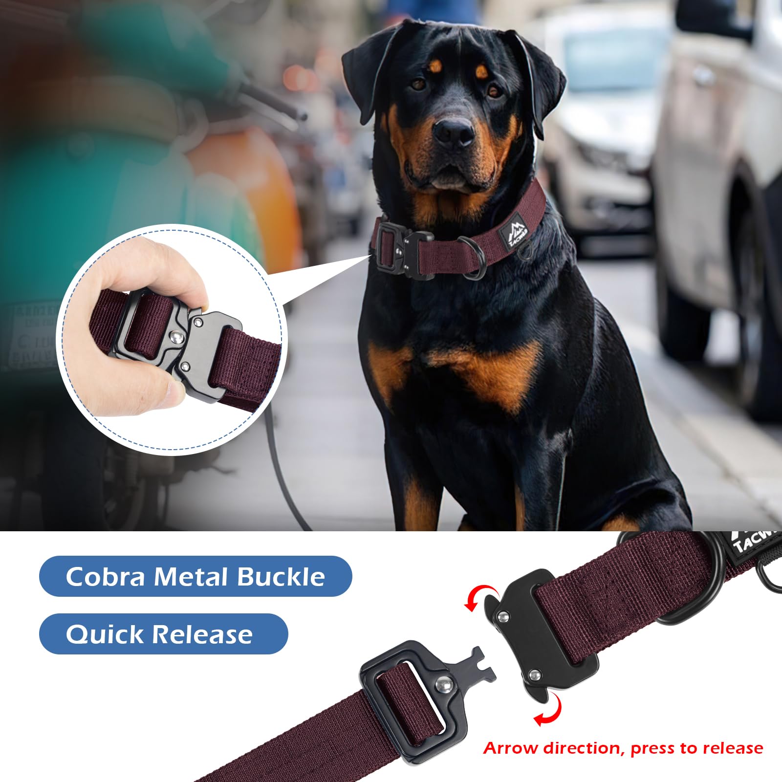 Tacwild Heavy Duty Dog Collar – Adjustable Chew-Proof Nylon for Medium & Large Dogs (Burgundy, 2XL)
