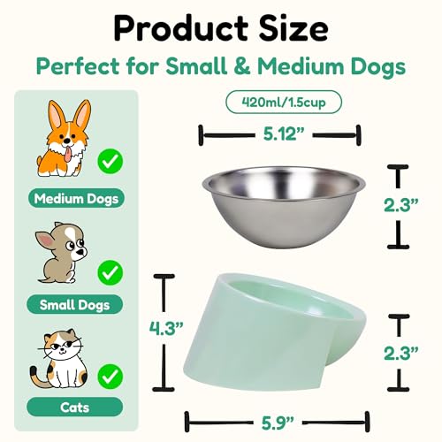 Tafelf 15° Slanted Dog Bowl for Brachycephalic & Senior Dogs, Stainless Steel with Melamine Stand, Green, Medium (420ml)